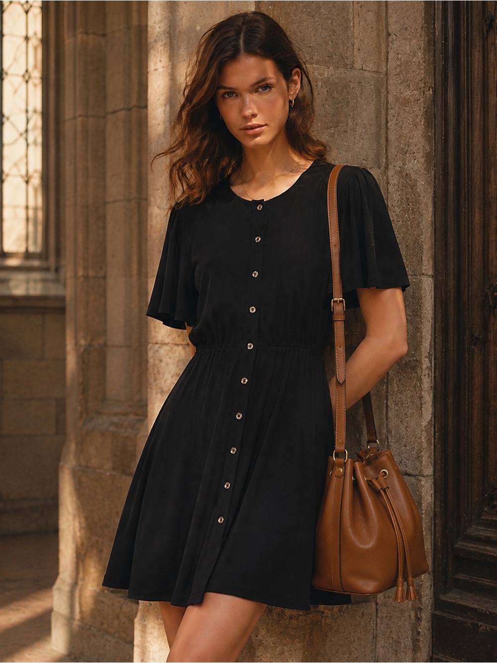 French Connection Paris Flutter Sleeve Dress in Black, Size 6